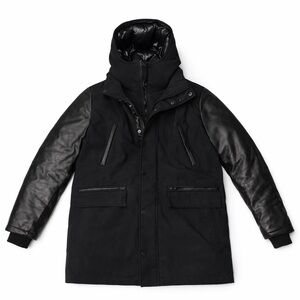 RUDSAK Men’s Down Parka Coat Genuine Leather Sleeves Hooded Black Winter Jacket